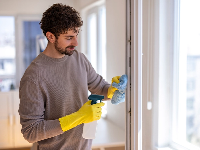 Person reinigt einen weißen Fensterrahmen mit Tuch und Reinigungsmittel.